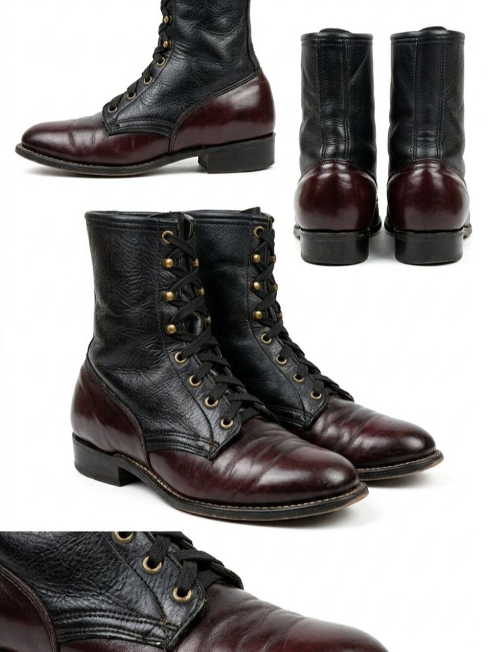 Vintage Western Two Toned Leather Ropers Lace Up Boots